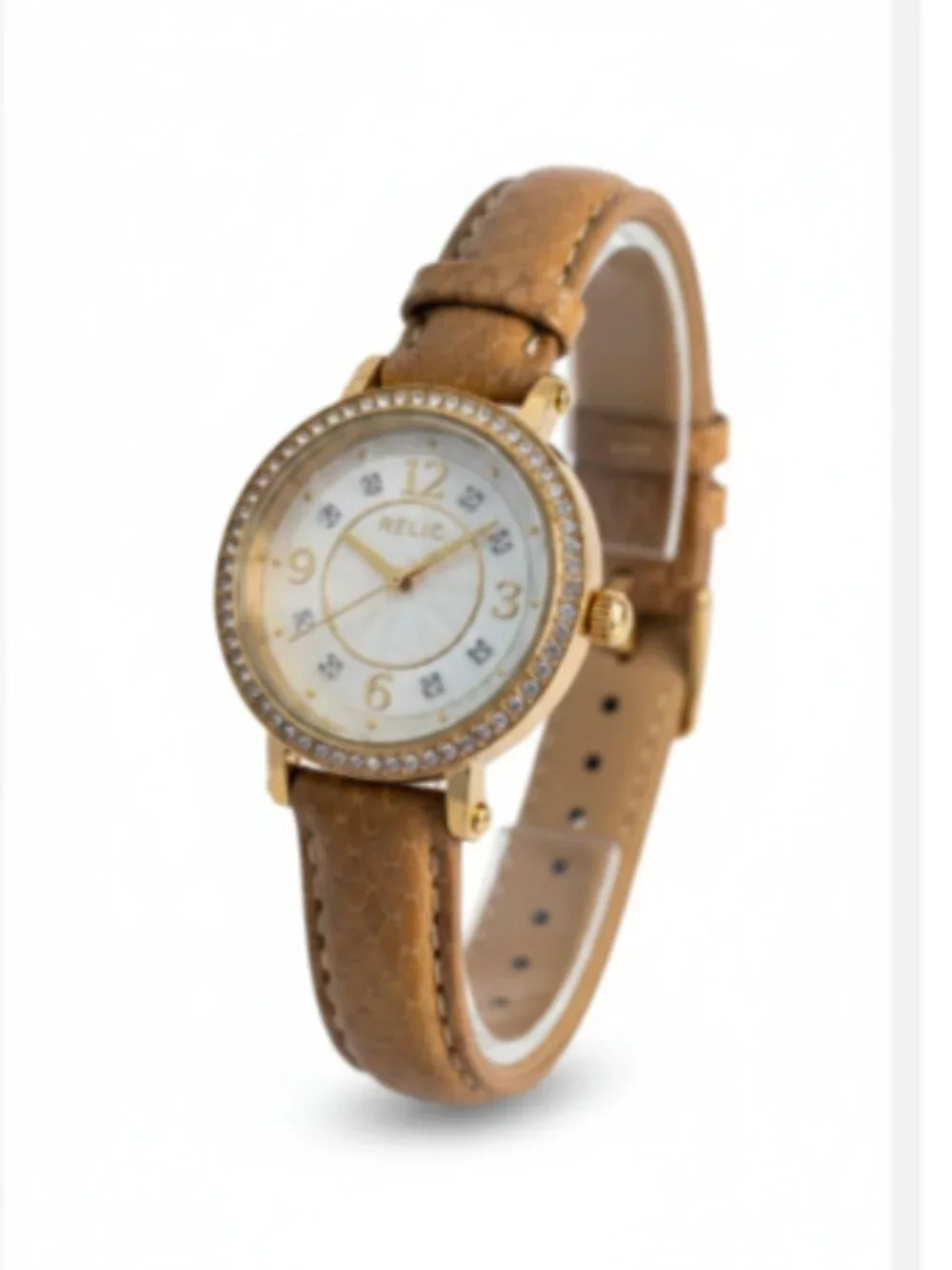 Relic by Fossil Women's Watch Tan Leather Crystal Bezel New Battery Runs ZR34158